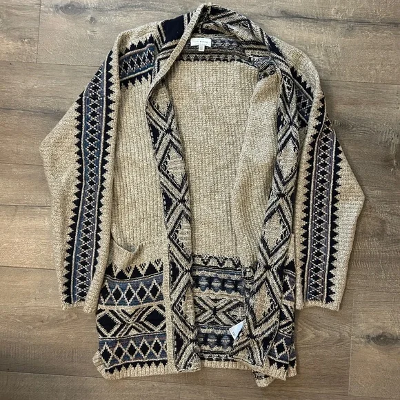 NWOT Lucky Brand Womens Knit Southwestern Open Front Oatmeal Cardigan Sweater - Picture 2 of 4